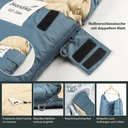 Blaues Schlafsack-Design mit beige Innenfutter. Detailansicht von Reißverschluss, Klettverschluss, Waschhinweisen und Aufhängeschlaufen.
