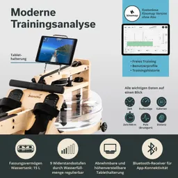 Wassertretgerät mit Tablet-Halterung, Anzeige von Trainingsdaten. Grafische Informationen und Funktionen sind dargestellt.