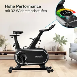 Schwarz-weiße Heimfitnessstation mit Sitz, Lenker und Widerstandsanzeige auf einem Holzfußboden in modernem Raum.