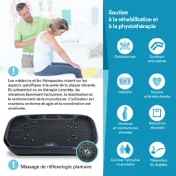 Vibrationsplatte mit Grafik zu gesundheitlichen Vorteilen. Therapeut behandelt Person, die darauf sitzt.