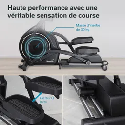 Ellipsentrainer mit einem schwarzen Gestell, Anzeige von Masseträgerspezifikationen und einem Detailfoto der Fußstützen.