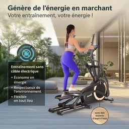 Fitnessgerät in modernem Raum mit Pflanzen und Fenstern. Person trainiert auf einem Crosstrainer.