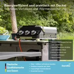 Grillgerät mit Deckel und drei Drehknöpfen auf einer Tischplatte im Freien, umgeben von Grün. Text über Eigenschaften des Grills.
