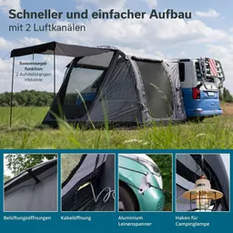 Zelt mit Sonnensegel, aufgebaut neben einem Fahrzeug auf einer Wiese. Details zu Belüftungsöffnungen, Kabelöffnung, Aluminiumleinenspanner und Haken für Campinglampe.