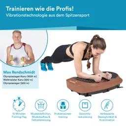 Bild mit einer Frauenfigur in Plank-Position auf einer Vibrationsplatte. Im Hintergrund steht ein Mann mit Hanteln.