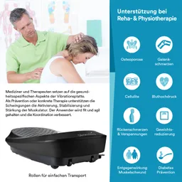 Vibrationsplatte im Vordergrund, Person mit Rückenmassage von einem Therapeuten. Text beschreibt deren Anwendungen in Therapie und Gesundheit.