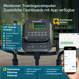 Trainingscomputer mit LCD-Display, Tasten für Programmsteuerung und App-Anbindung. Grafiken und Daten zu Trainingseinstellungen sichtbar.