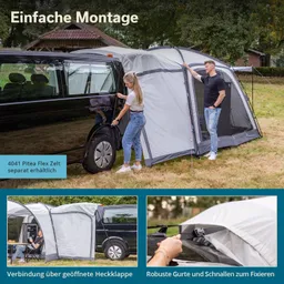 Zelt neben einem Auto auf Wiese, eine Person befestigt das Zelt, andere Person steht daneben. Weitere Zeltdetails in Bildern.