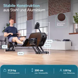 Rudergerät aus Holz und Aluminium, in einem Raum mit großen Fenstern. Maße und Spezifikationen sind sichtbar.