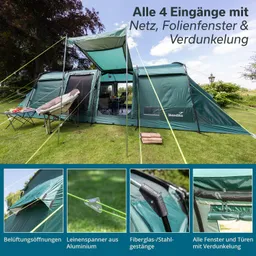 Zelt mit vier Eingängen, Netz- und Folienfenstern, Stühlen und Tisch im Freien auf Rasen. Klarer Himmel.