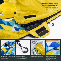 Gelber Schlafsack mit doppelter Klettverschlusslasche, strukturiertem Innenfutter und praktischen Taschen.