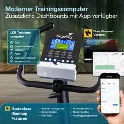 Fitnessgerät mit digitalem Display, Halterung für Tablets, integrierten Pulssensoren und Werbung für Trainingsprogramme.