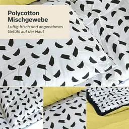 Bettwäsche aus Polycotton mit schwarzem Muster auf hellem Hintergrund. Decke und Kissen sichtbar, teilweise in gelb.