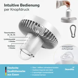 Tischventilator mit integrierter Lampe, Bedienfeld mit Timern, Lichtstufen und Ventilatorstufen. Aufhängemöglichkeit vorhanden.