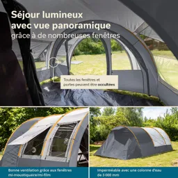 Zelt mit mehreren Fenstern, hellem Innenraum und Blick auf Grünflächen. Gezeigt sind auch Details der Fenster und Zeltkonstruktion.