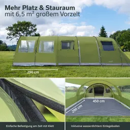 Grünes Zelt mit Vorzelt auf Wiese, Maße 290 cm und 450 cm. Detailansichten von Klettbefestigung und wasserdichtem Einlegeboden.