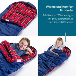 Schlafsack in Blau mit rot-oberem Karo-Innenfutter. Zwei Kinder liegen darin und lächeln.