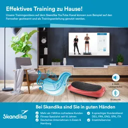 Moderne Wohnlandschaft mit Pflanzen und einem Fernseher, auf dem ein Trainingsvideo läuft. Rechts ein Vibrationsgerät in rot.