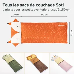 Bilder von Schlafsäcken in verschiedenen Tierdesigns. Oben ein Fuchs, unten links ein Dinosaurier und rechts ein Einhorn.