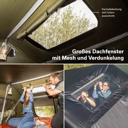 Zeltinnenraum mit großem Dachfenster, zwei Personen im Zelt, eine Person öffnet das Fenster. Laterne und Stoffdetails sichtbar.