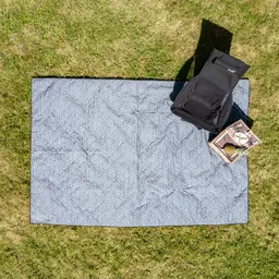 Picknickdecke mit geometrischem Muster auf grünem Gras, daneben ein schwarzer Rucksack und ein Korb mit Obst.