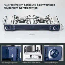 Gasherd aus rostfreiem Stahl mit zwei Brennern und Aluminium-Komponenten. Zusätzliche Details zu Sicherheit und Bedienung.