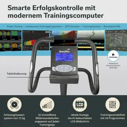 Trainingsgerät mit Display, Tablet-Halterung und Handgriffen. Informationen zu Funktionen und Trainingsprogrammen sind vorhanden.