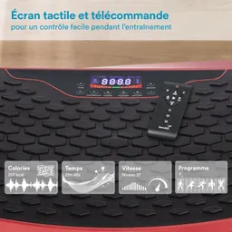 Vibrationsplatte mit digitalem Bildschirm, der Kalorien, Zeit, Geschwindigkeit und Programm anzeigt. Fernbedienung liegt daneben.
