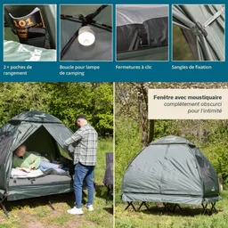 Campingzelt mit zwei Taschen, Lampe, Schnallen und Moskitonetz. Eine Person bereitet das Zelt vor, während eine andere sitzt.