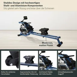 Rudergerät mit stabiler Stahl- und Aluminiumkonstruktion, ergonomischem Sitz, Rollensystem und modernen Details.