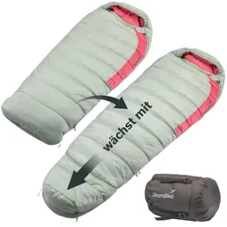 Schlafsack in zwei verschiedenen Längen, in hellgrün und rot. Neben dem Schlafsack ist eine Tasche sichtbar. Text "wächst mit".