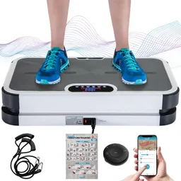 Vibrationsplatte mit Fußposition und blauen Sportschuhen. Display zeigt Zeit an. Zubehör wie Fernbedienung, Anleitungen und Kabel sind sichtbar.