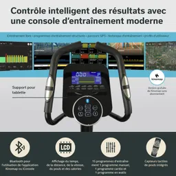 Konsole eines Fitnessgeräts mit LCD-Display, Tasten und Halterung für ein Tablet. Hintergrund zeigt verschiedene Trainingsstatistiken.