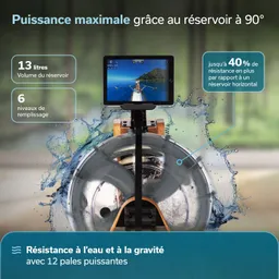 Wasser-Rudergerät mit 13-Liter-Behälter, Tablet-Halterung und Grafik. Angaben zu Widerstand und Füllständen.