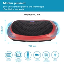 Vibrationsgerät in rot und schwarz, mit rutschfester Oberfläche und LED-Display zur Anzeige. Gerätemaße: 780 mm x 440 mm.