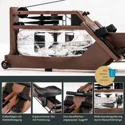 Rudergerät aus Holz mit Wassertank, sichtbar mit Wasser und einem ergonomischen Sitz. Zubehörteile sind abgebildet.