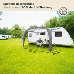 Zelt mit UV-Schutz steht auf einer Wiese, zwei Personen sitzen davor. Ein Wohnwagen befindet sich im Hintergrund.