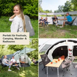 Eine Person mit Rucksack lächelt in der Natur. Camping-Szenen mit Gruppen und Zelten. Tische und Stühle sind sichtbar.