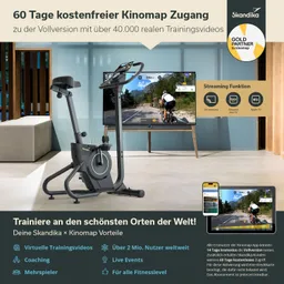 Fitnessgerät in einem modernen Raum, vor einem großen Bildschirm. Informationen über Kinomap-Zugang und Vorteile sind sichtbar.
