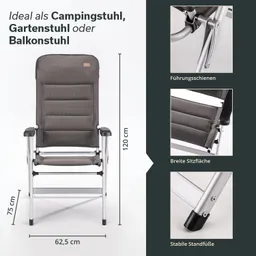 Grauer Klappstuhl mit Holzdetails. Maße: 120 cm Höhe, 75 cm Sitztiefe, 62,5 cm Breite. Stabiler Rahmen, breite Sitzfläche.