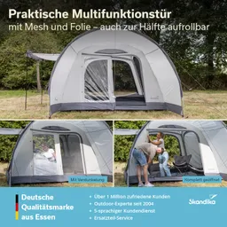 Multifunktionstür eines Zeltes mit Mesh und Folie. Zwei Ansichten: teilweise und vollständig geöffnet. Camping-Setup im Freien.