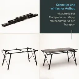 Faltbarer Tisch in drei Zuständen: zusammengeklappt, im Aufbau und aufgebaut. Tischplatte aus Aluminium, schwarz.