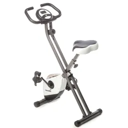Faltbarer Fitness-Bike mit verstellbarem Sitz, Lenker und Display für Trainingsdaten. Rahmen in Schwarz und Weiß.