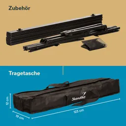 Schwarze Tragetasche mit Maßen 123 cm x 19 cm x 12 cm, daneben zerlegtes Zubehör in mehreren Teilen, auf beigem Hintergrund.