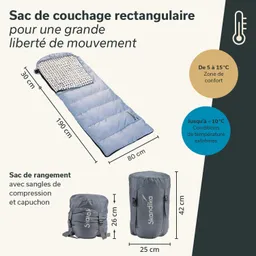 Rechteckiger Schlafsack mit gemustertem Innenfutter, Maßangaben und zwei Tragetaschen in grau, eines mit Kompressionsriemen.