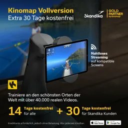 Anzeige für Kinomap mit einem Tablet, das eine Ruderboot-Szene zeigt, und Text über die kostenlose Testversion.