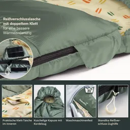 Schlafsack mit Reißverschluss, doppelter Klettverschluss, Innentasche, Kapuze mit Kordelzug, maschinenwaschbar.
