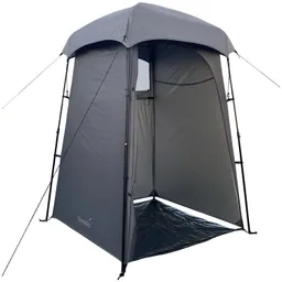 Graues Camping-Duschzelt mit offener Vorderseite, Stützstangen und Bodenfläche, auf weißem Hintergrund.