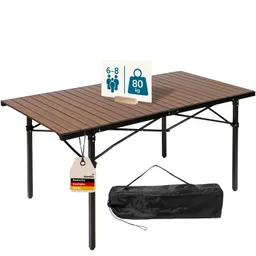 Klappbarer Tisch mit Holzoberfläche, Untergestell aus Metall, Gewichts- und Personenzahl-Schild, schwarze Tragetasche.