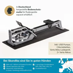 Bodenschutzmatte für Rudergeräte auf einem hellen Hintergrund. Links befindet sich eine Beschreibung mit Symbolkarte von Deutschland, rechts eine Auflistung von Inhalten.